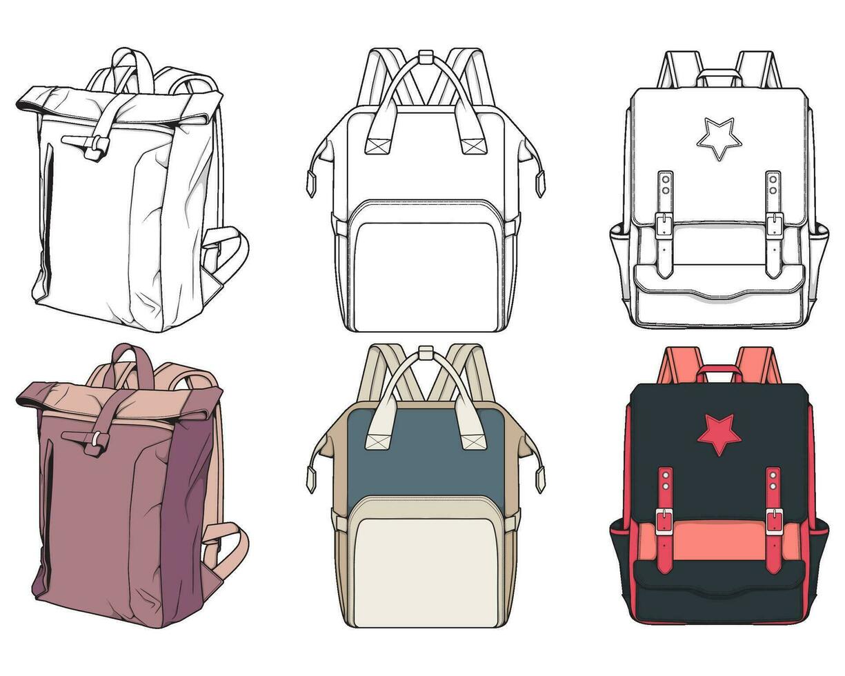 mano dibujado colorido vector conjunto de mochilas dibujos animados casual mochila, frio mochila colorido mochilas vector ilustración.