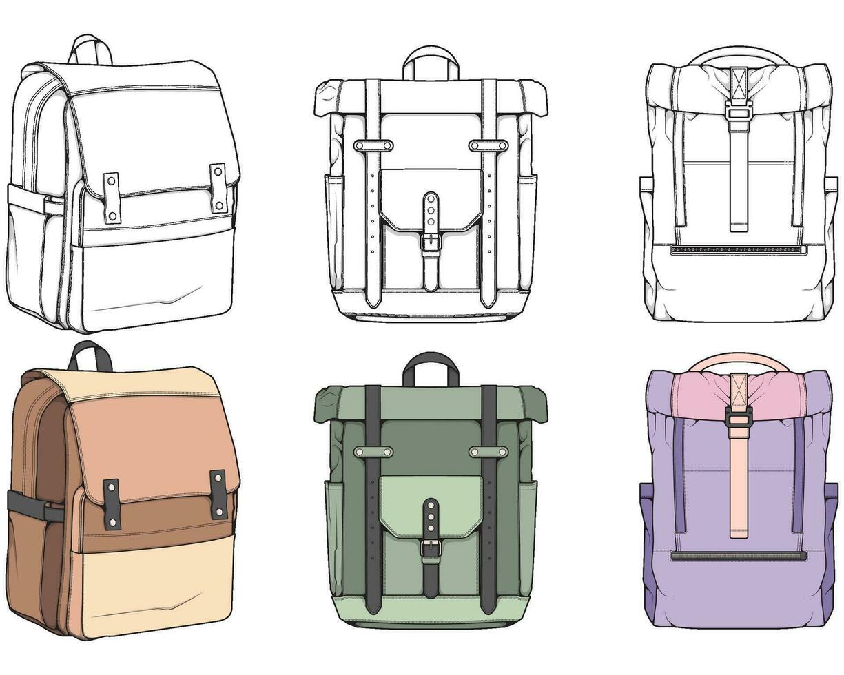 Hand drawn colorfull Vector Set of Backpacks. Cartoon Casual Backpack, cool backpack colorfull. Backpacks Vector illustration.