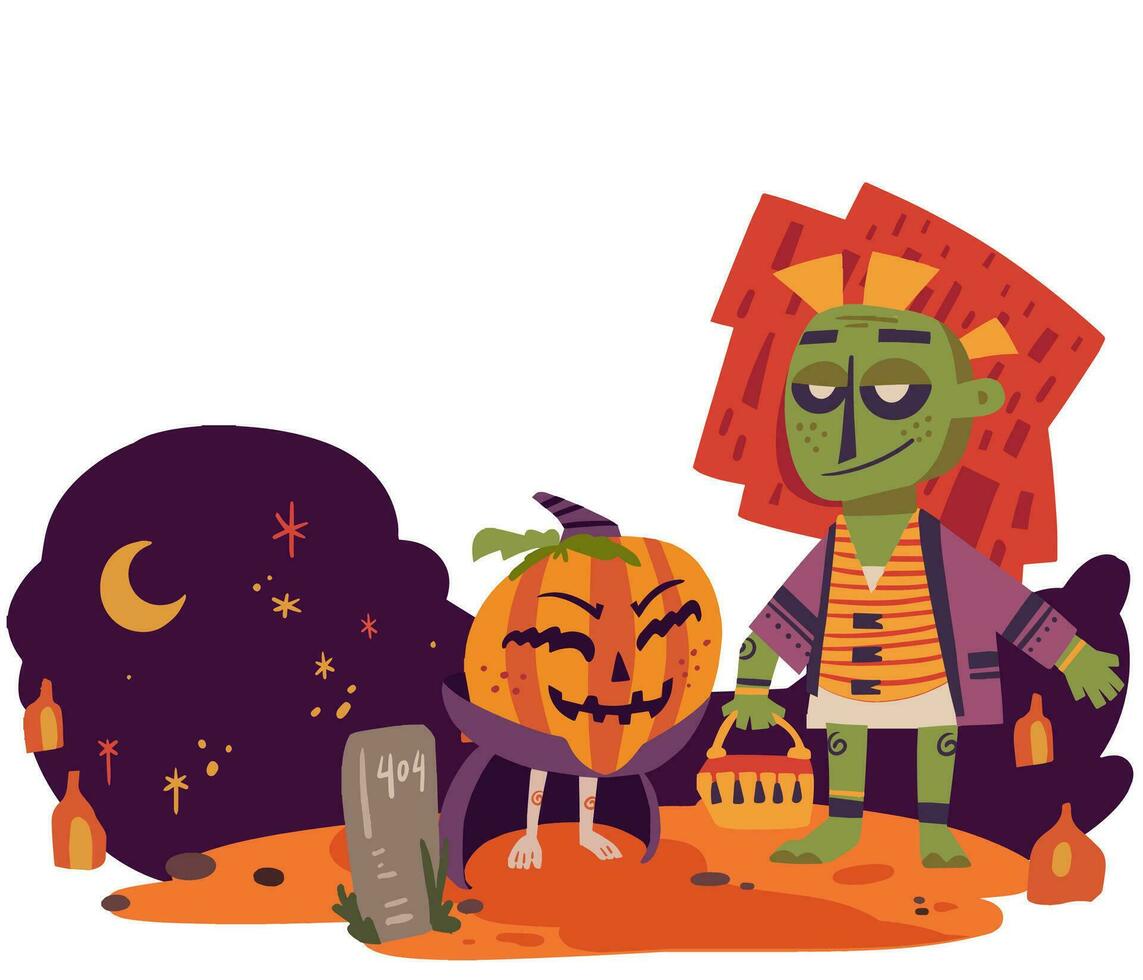 Halloween Scene with Monster and Pumpkin vector