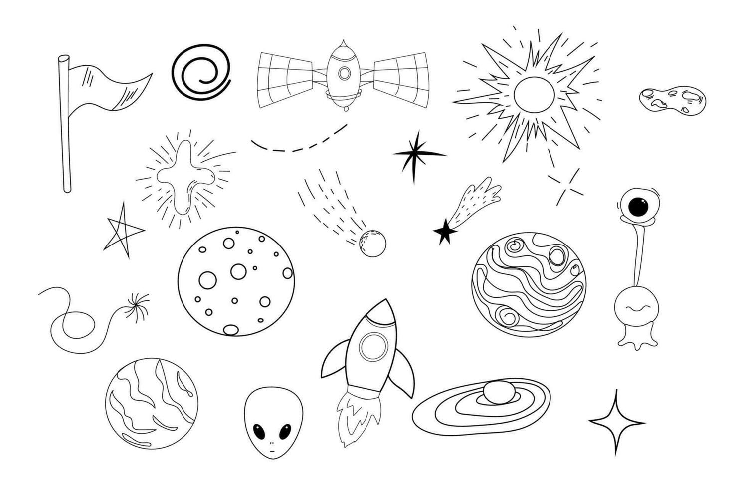 Set space elements ufo spaceship, rocket, satellite, stars and planets in doodle style isolated. Hand drawn collection . Vector illustration