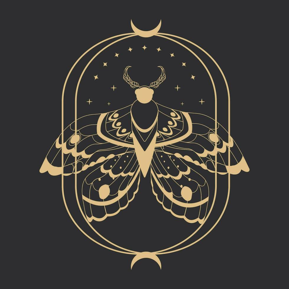 magia místico polilla silueta dorado línea Arte aislado, boho celestial esotérico símbolo, tatuaje o impresión en oscuro antecedentes. vector ilustración