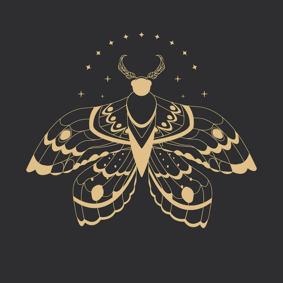 Magic mystic moth silhouette golden line art isolated, boho celestial esoteric symbol, tatoo or print on dark background. Vector illustration