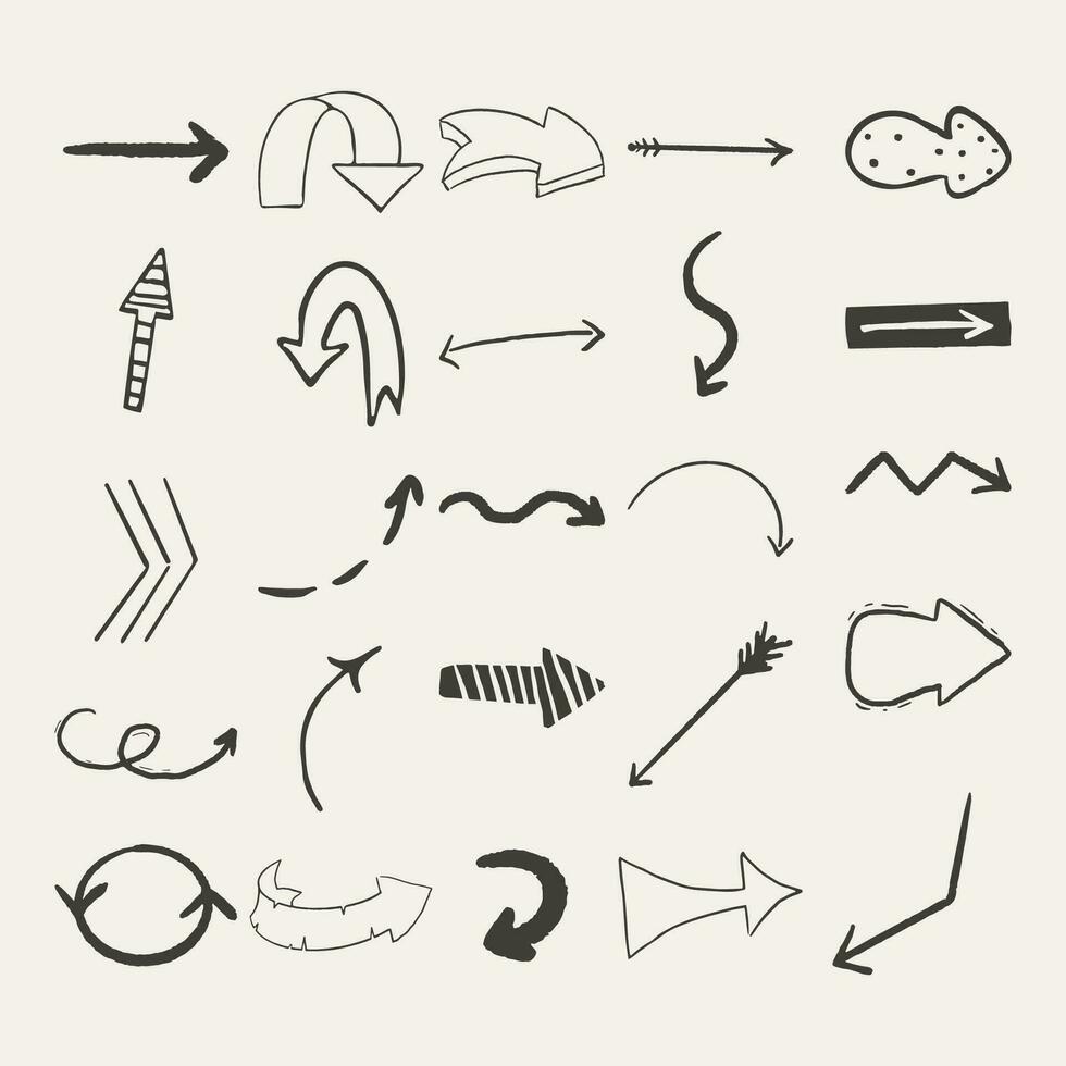 Set arrow pointer ink lines, textured shapes hand drawn decorative elements in doodle style isolated. Sketch direction icons. Vector illustration