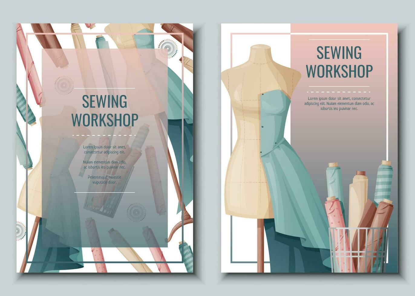 Flyer set with sewing mannequin and fabric rolls.Light industry. Needlework, hobby, sewing. Poster banner for sewing shop, workshop, atelier vector