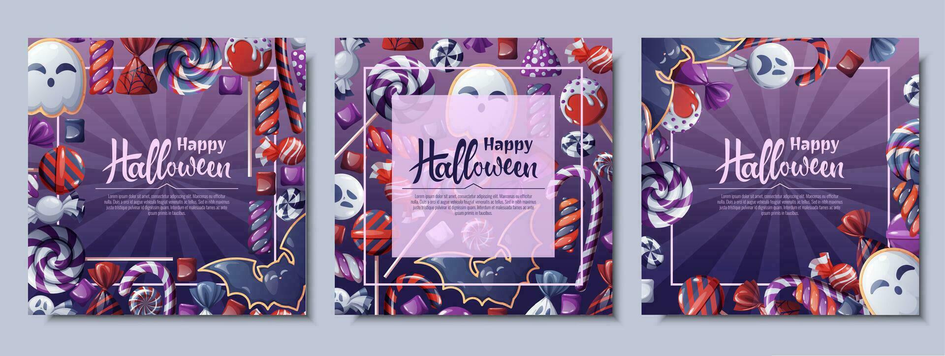 Set of vector backgrounds for Halloween invitation or greeting card. Poster, banner with ghost and bat cookies, candies, sweets, cookies, lollipops. Great for flyer, backdrop