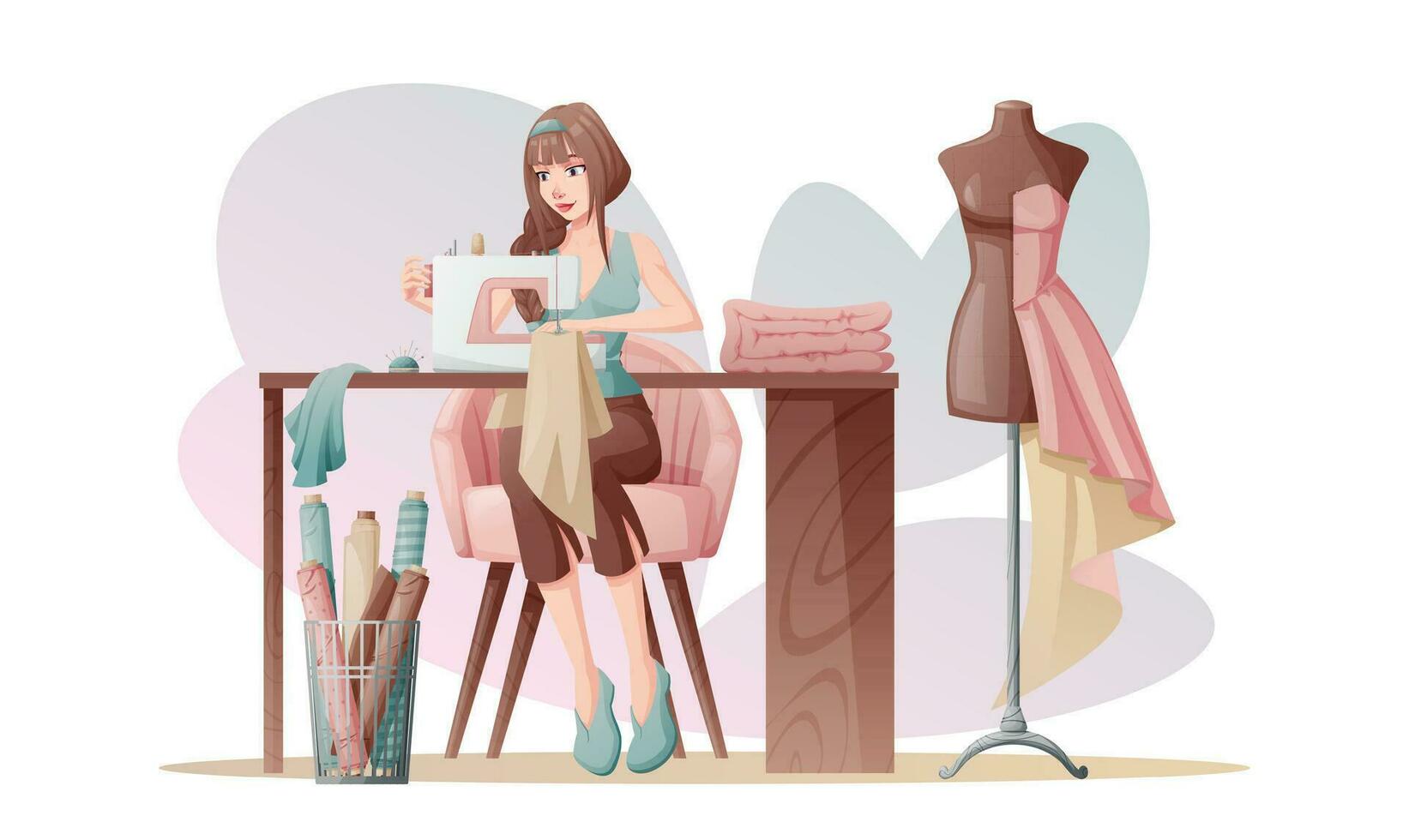 Woman seamstress works on a sewing machine. Seamstress work, tailoring. Vector illustration of a seamstress in the workplace