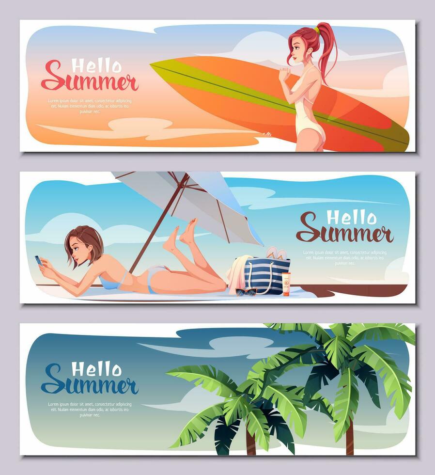 verano pancartas colocar. niña en el playa, activo descansar. verano vacaciones a mar, playa onda, vacaciones. verano antecedentes para póster, volantes, publicidad vector