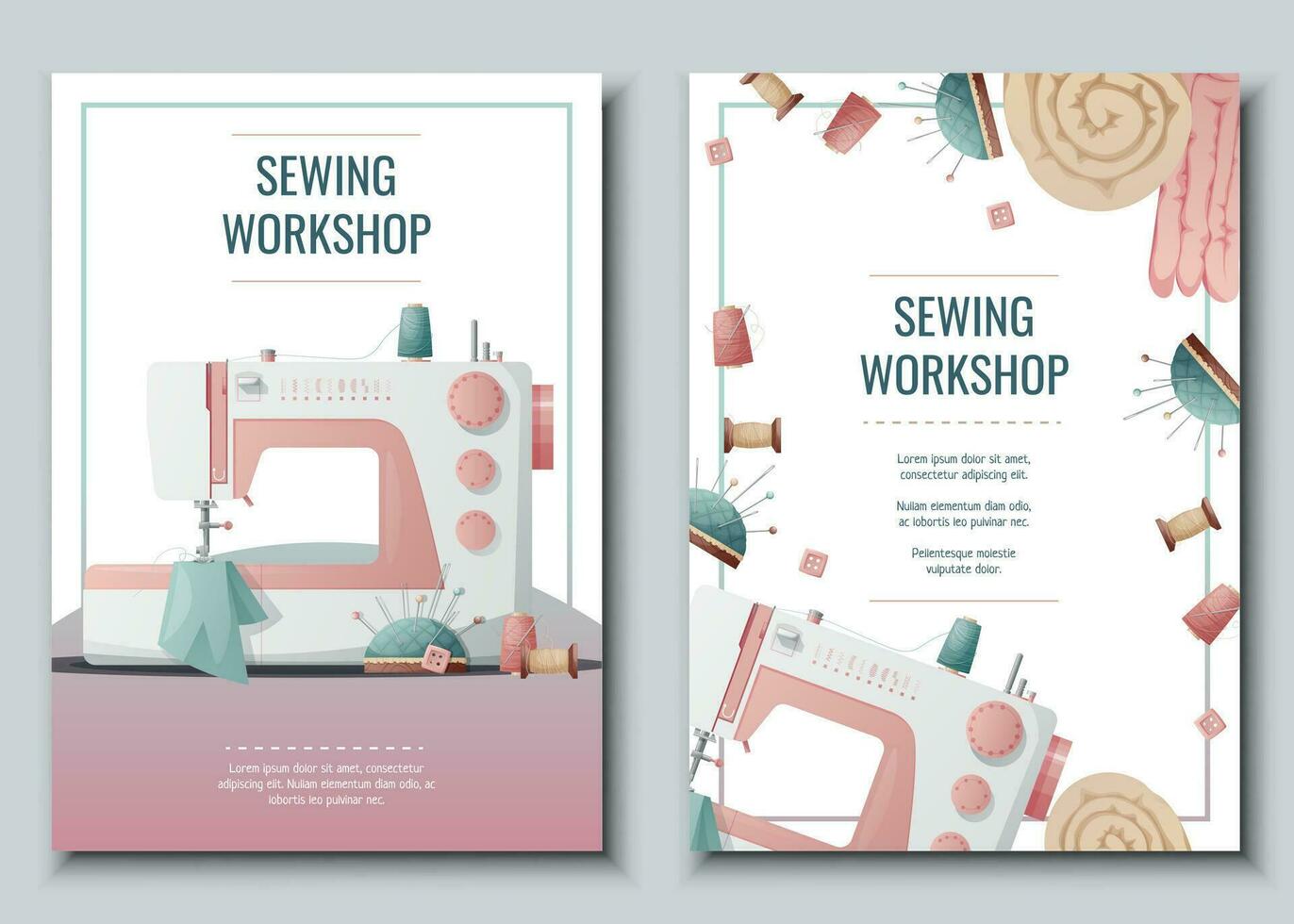 Flyer design set with sewing machine and sewing supplies. Light industry. Needlework, hobby, sewing. Poster banner for sewing shop, workshop, atelier. vector