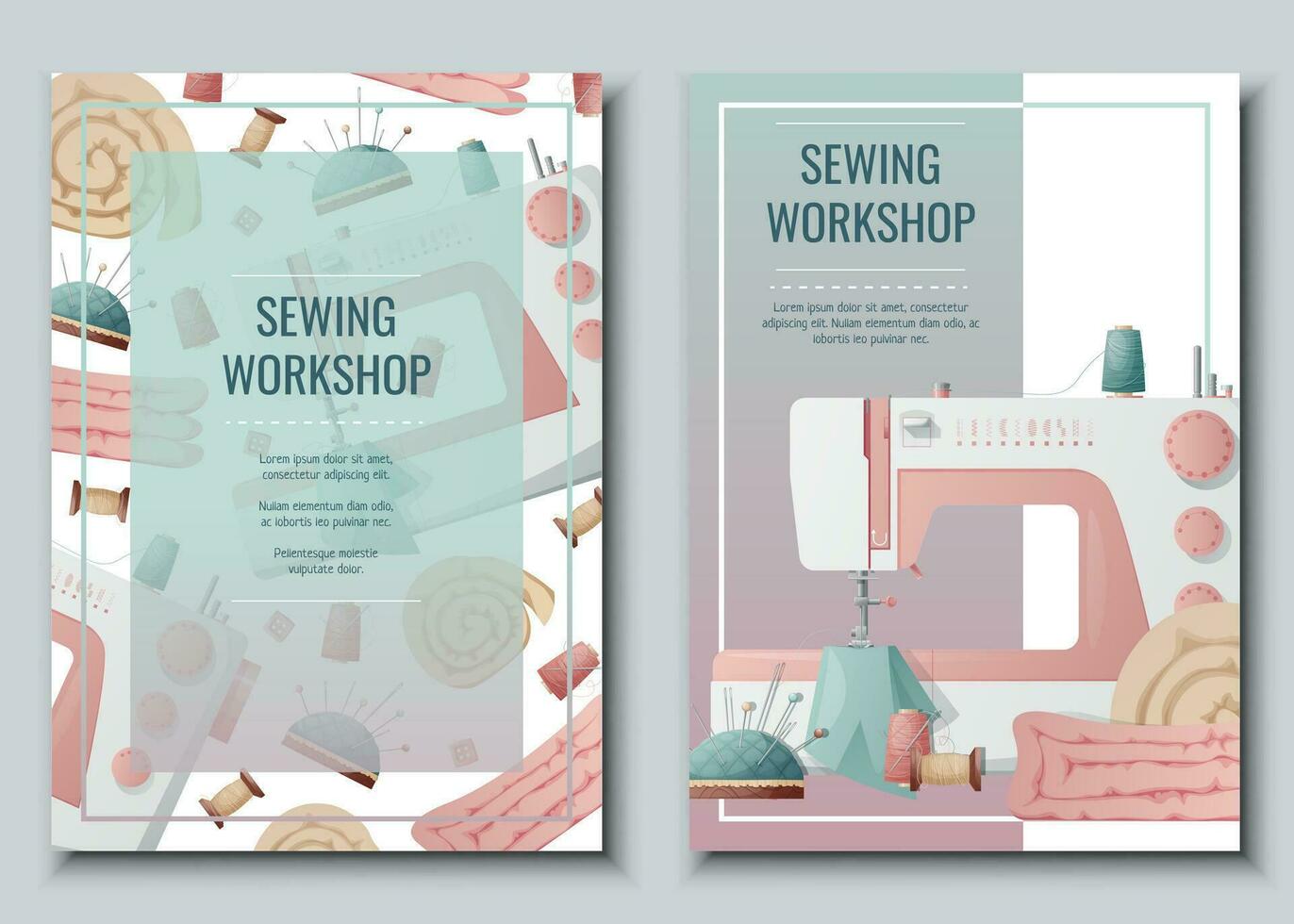 Flyer design set with sewing machine and sewing supplies. Light industry. Needlework, hobby, sewing. Poster banner for sewing shop, workshop, atelier. vector