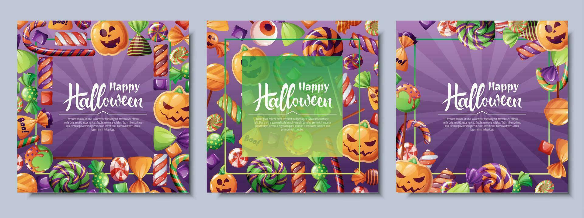 Set of vector backgrounds for Halloween invitation or greeting card. Poster, banner with with pumpkin biscuits, spooky candies, sweets, cookies, lollipops. Great for flyer, backdrop