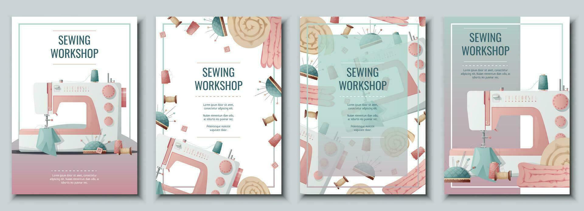 Flyer design set with sewing machine and sewing supplies. Light industry. Needlework, hobby, sewing. Poster banner for sewing shop, workshop, atelier. vector