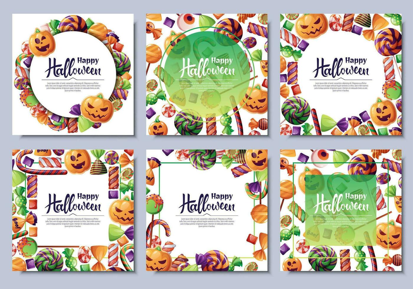 Set of vector backgrounds for Halloween invitation or greeting card. Poster, banner with with pumpkin biscuits, spooky candies, sweets, cookies, lollipops.