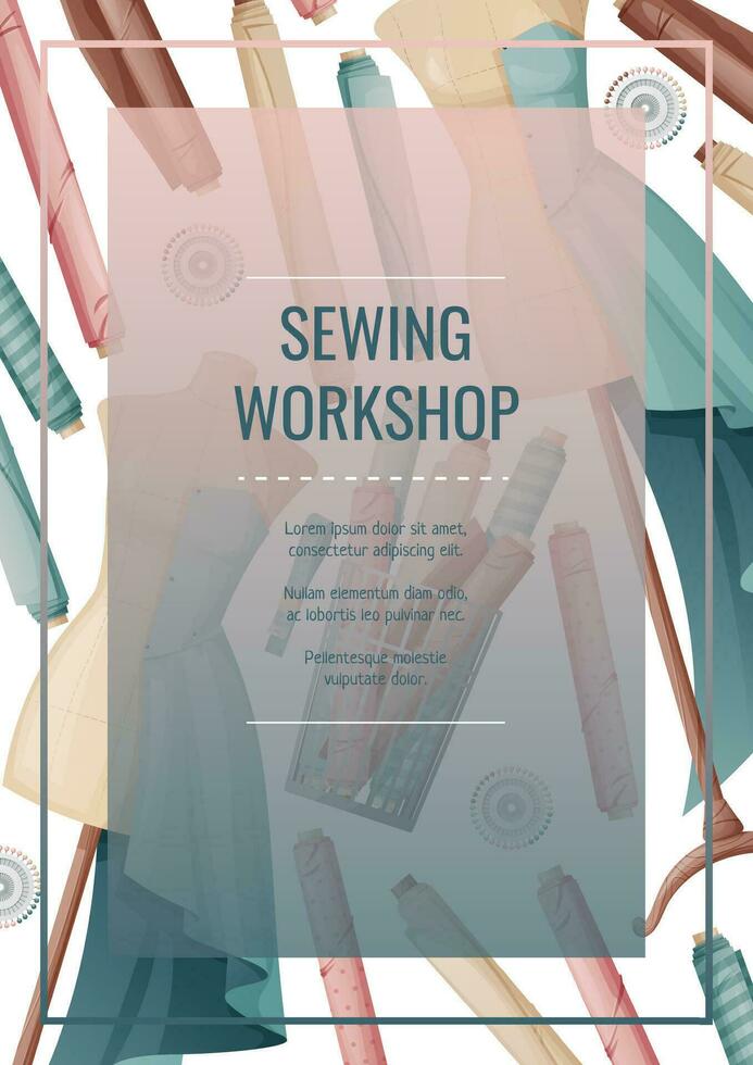 Flyer design with sewing mannequin and fabric rolls. Light industry. Needlework, hobby, sewing. Poster banner for sewing shop, workshop, atelier. vector