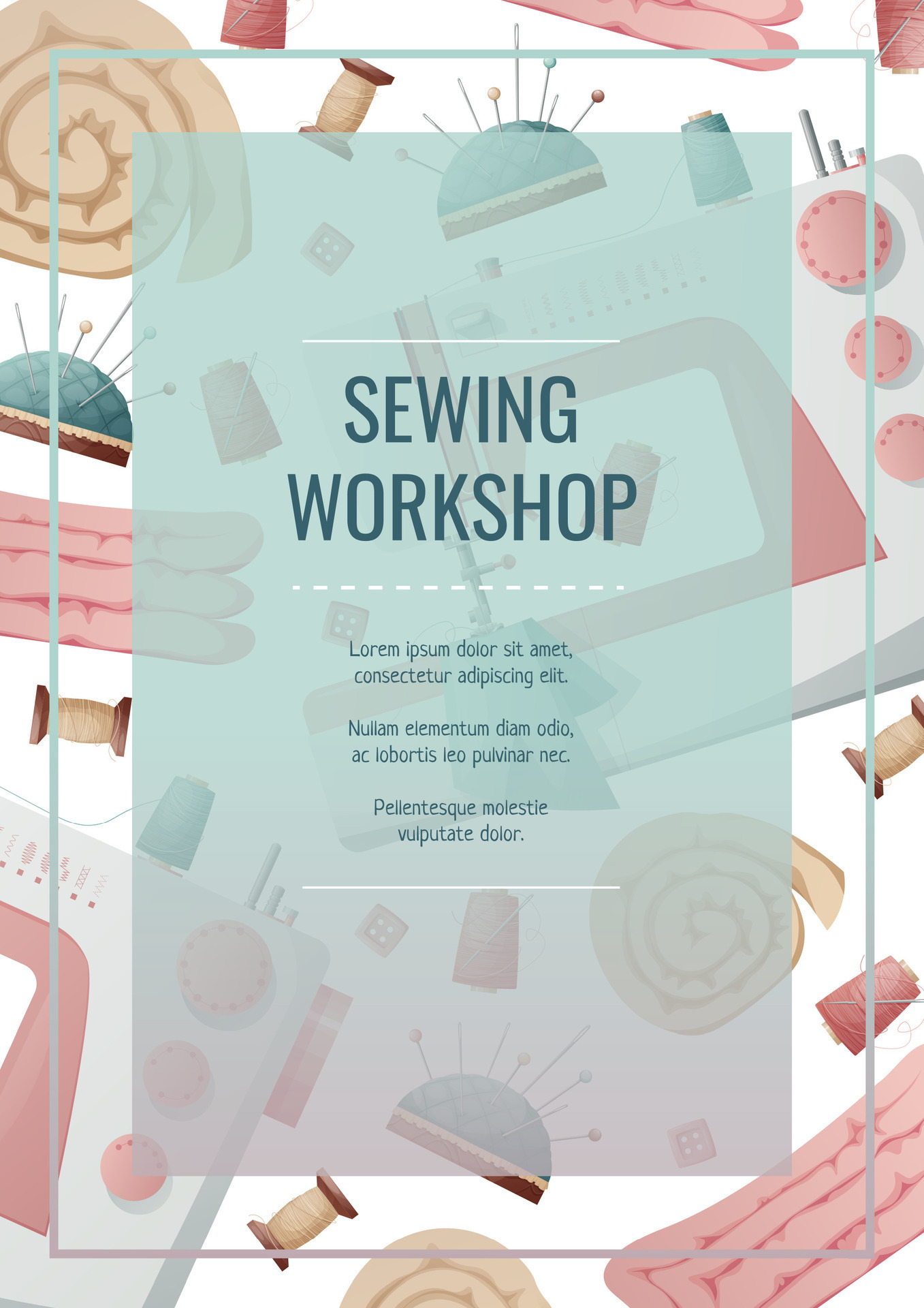 Flyer template with sewing machine and sewing supplies. Light industry. Needlework, hobby
