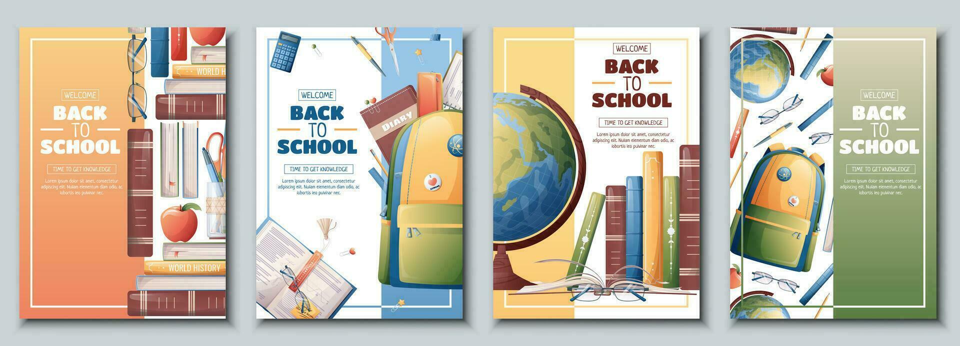 Set of school banners, flyers with backpack, globe, books. Back to school, teacher's day, love of knowledge. Background, poster with school supplies. vector