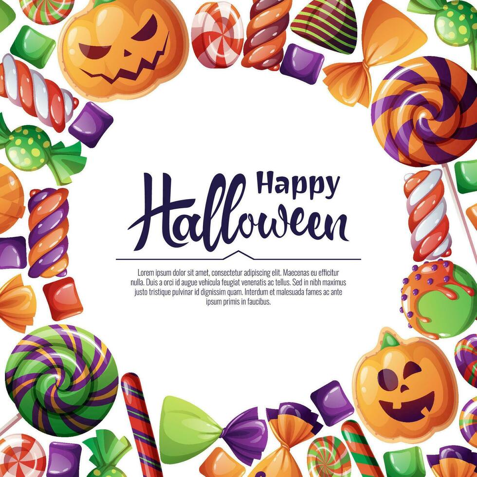 Vector background for Halloween invitation or greeting card. Holiday invitation Trick or Treat. Poster, banner with pumpkin biscuits, spooky candies, sweets, cookies, lollipops.