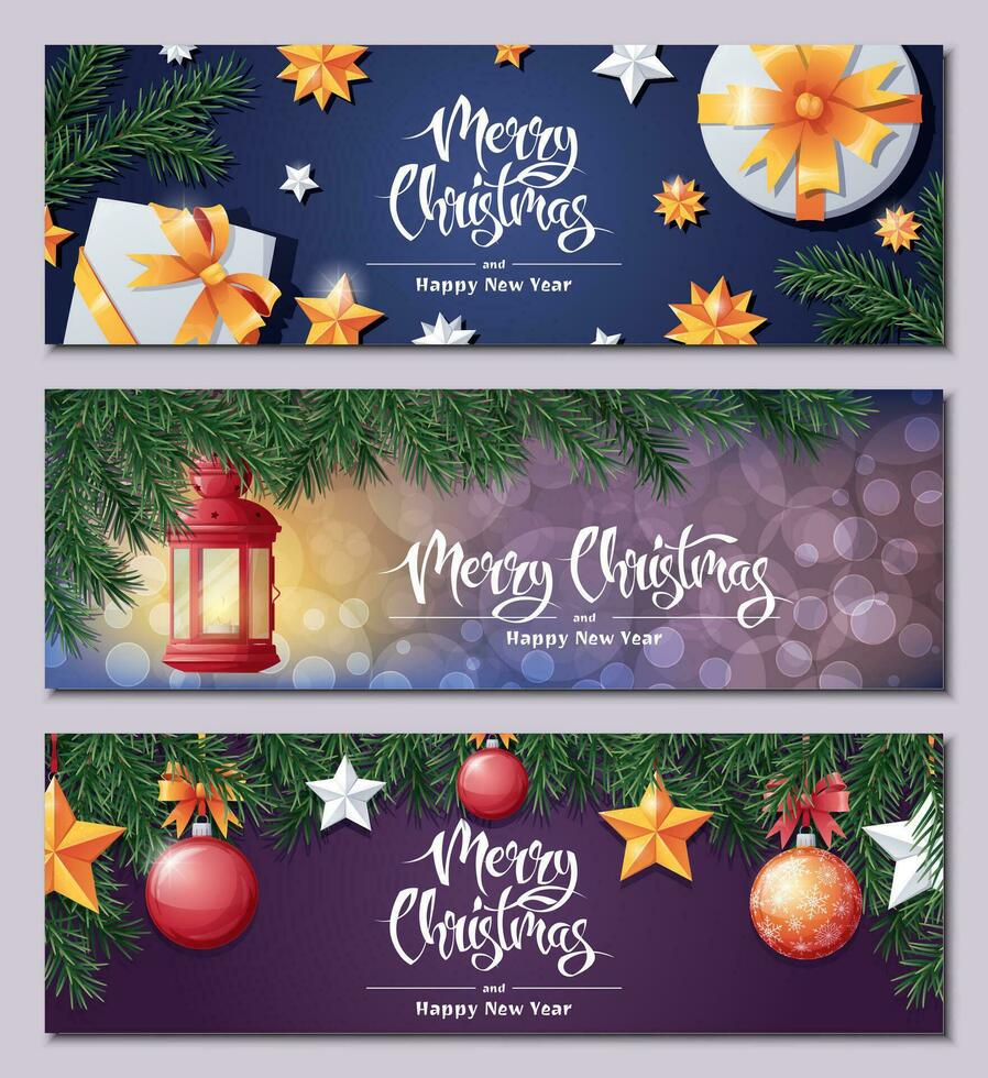 Set of horizontal banners for Christmas and New Year. Festive Christmas background with fir branches, gifts, toys, red vintage lantern. Beautiful bright Christmas background, poster, banner. vector