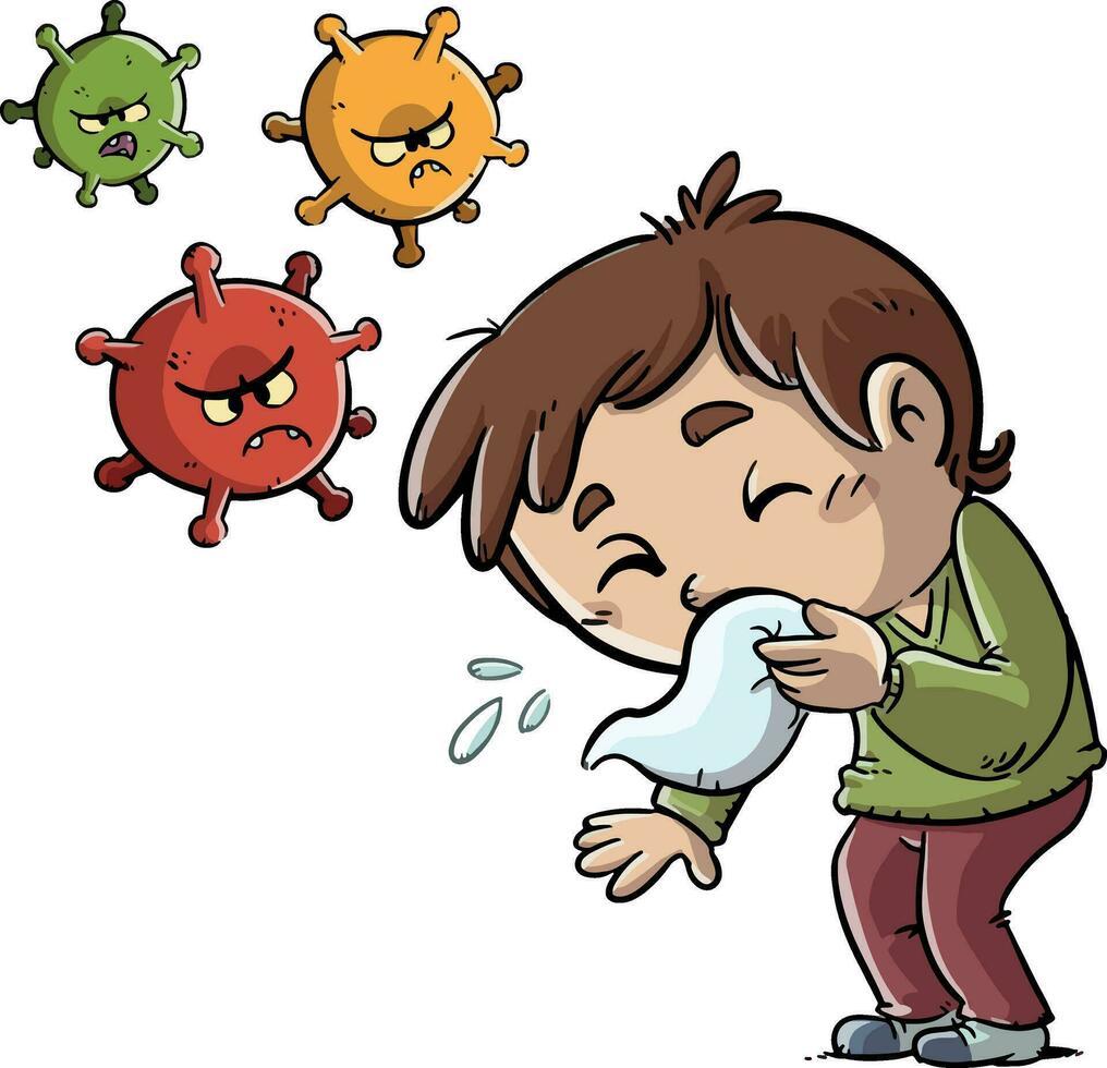 kid sneezing and spreading virus vector