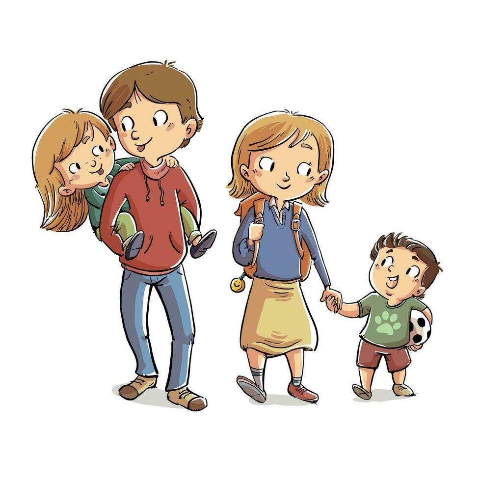 four brothers walking to school vector