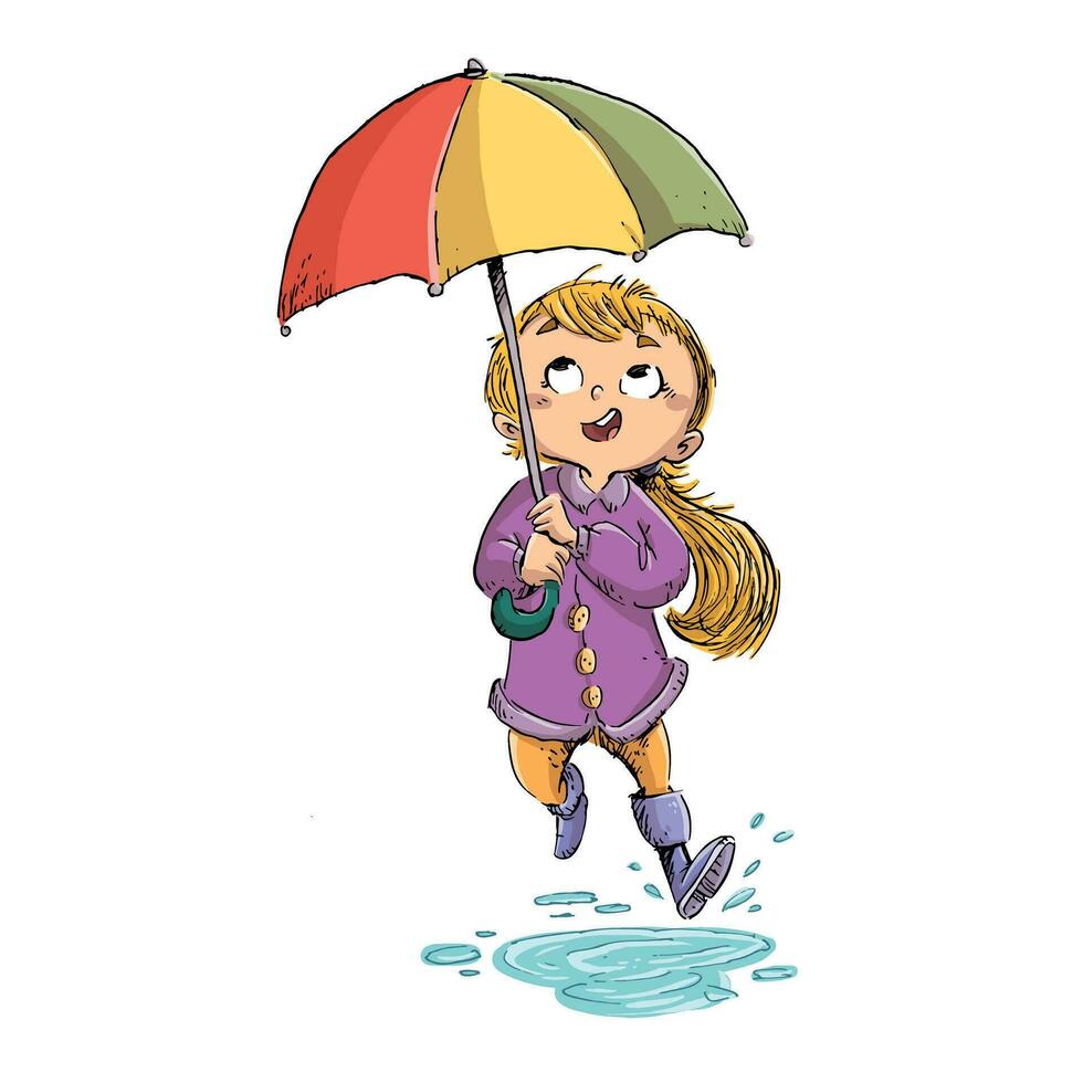 Little girl with colored umbrella and wellies walking in the rain vector