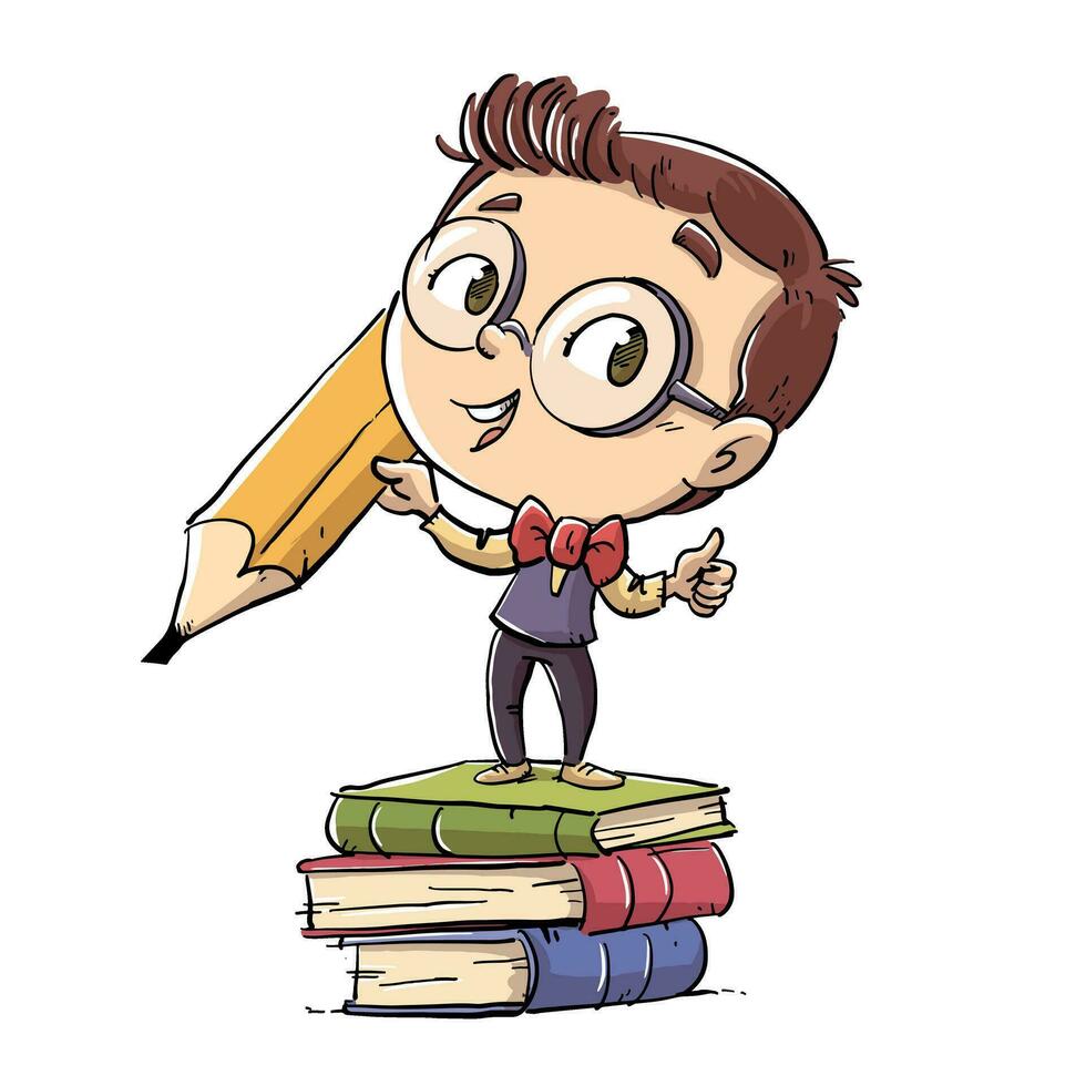 student kid with pencil and books vector