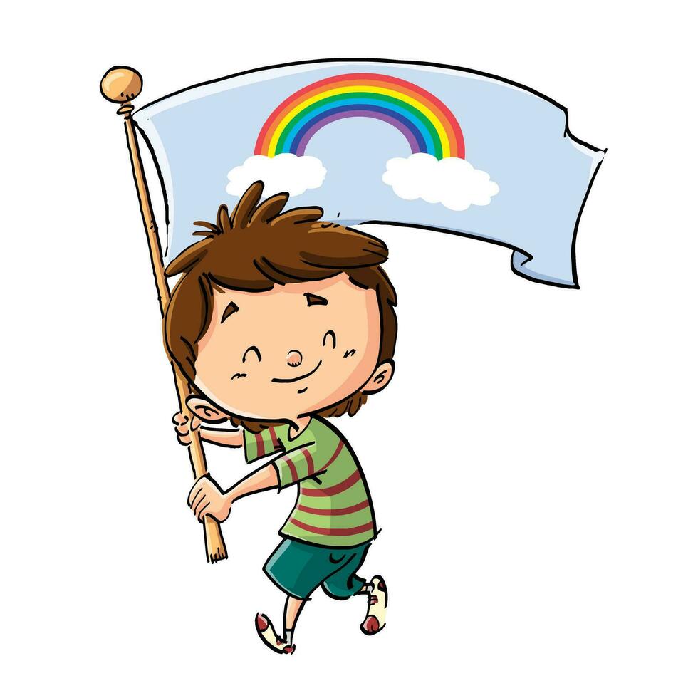 kid with rainbow on flag vector