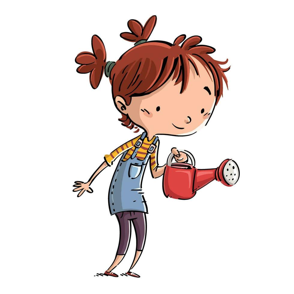 Happy little girl with her red watering can, white background vector