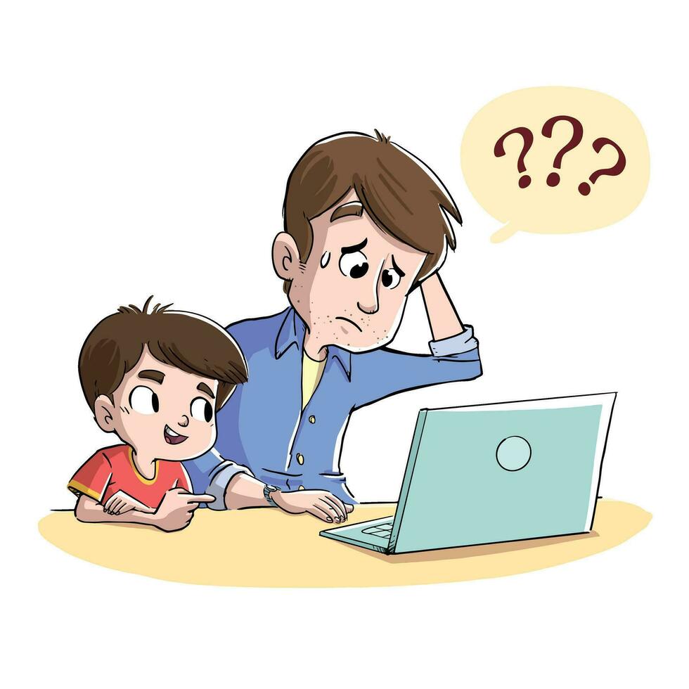 kid teaching his father to use the computer vector