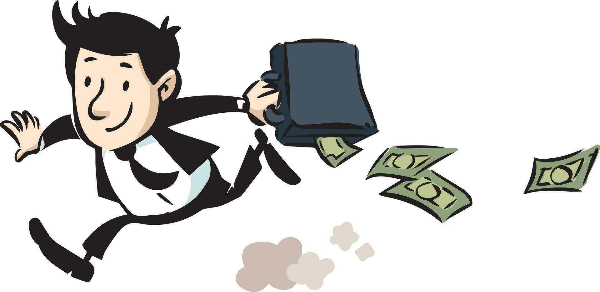 Business man running with a briefcase full of money on white background vector