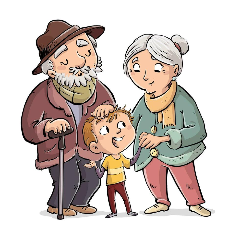 abuelo, abuela y nieto juntos. amor y conexión, generaciones unido vector