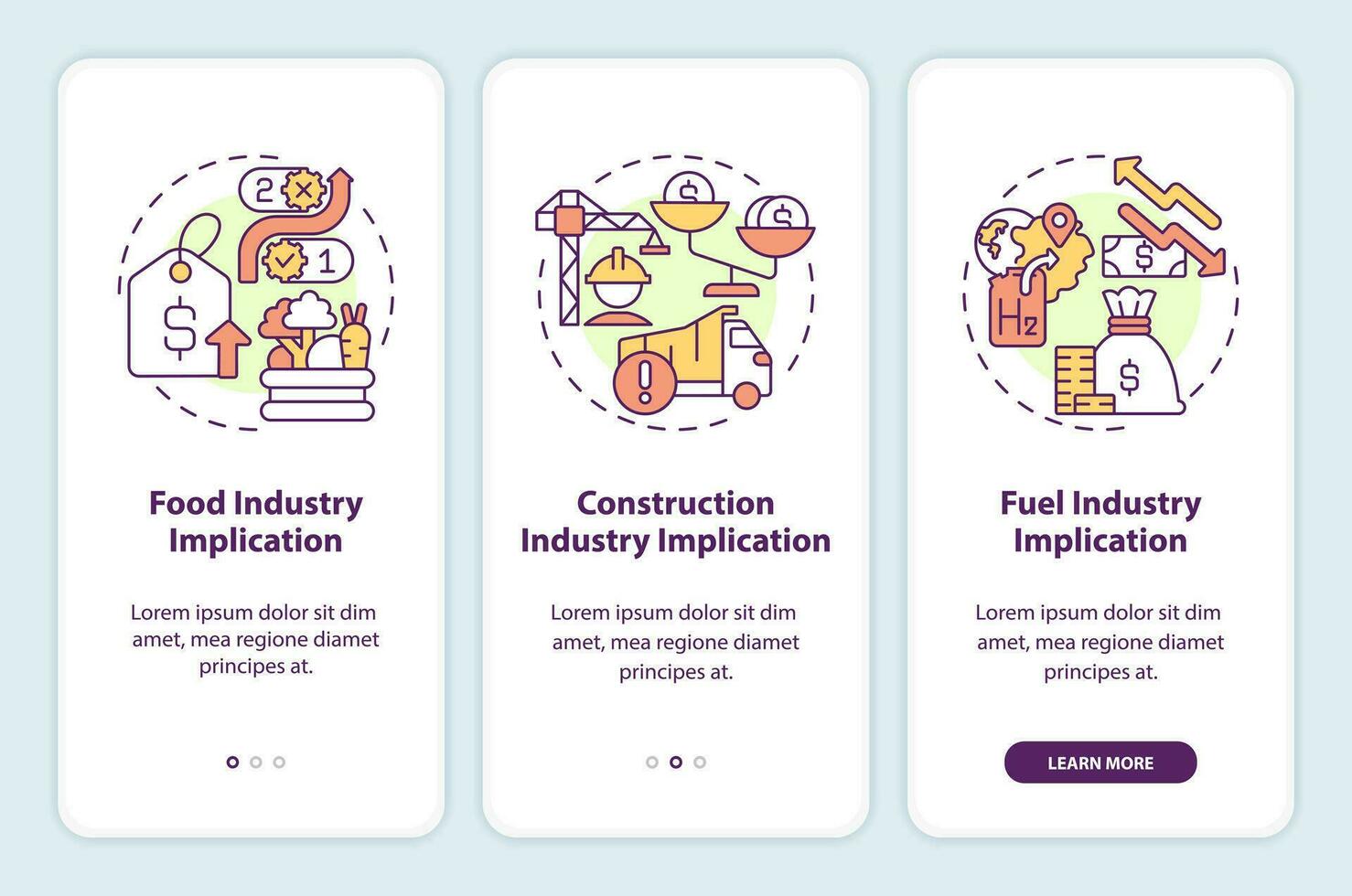 Supply chain disruption implications onboarding mobile app screen. Walkthrough 3 steps editable graphic instructions with linear concepts. UI, UX, GUI template vector