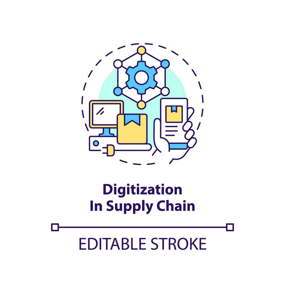 Digitization in supply chain concept icon. Key strategy of goods distribution abstract idea thin line illustration. Isolated outline drawing. Editable stroke vector