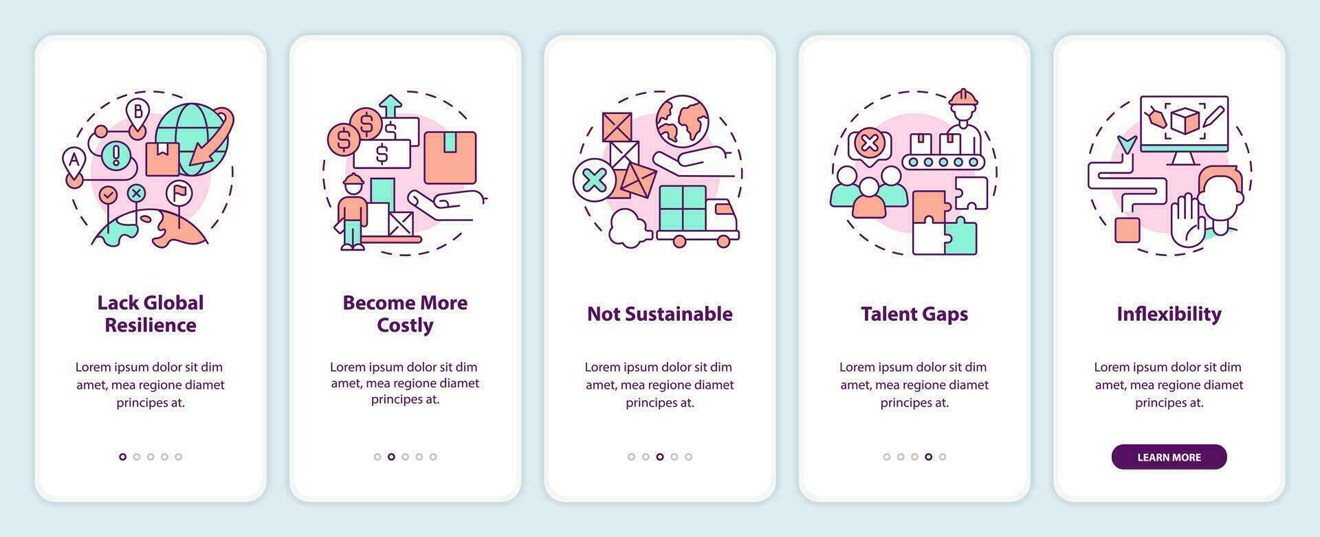 Supply chain challenges onboarding mobile app screen. Delivery walkthrough 5 steps editable graphic instructions with linear concepts. UI, UX, GUI template vector