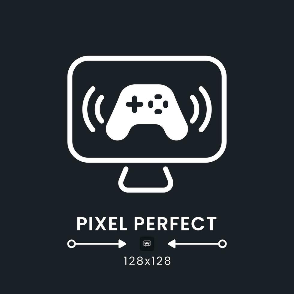 Gaming streaming white solid desktop icon. Esports tournaments. Network broadcast. Pixel perfect 128x128, outline 4px. Silhouette symbol for dark mode. Glyph pictogram. Vector isolated image