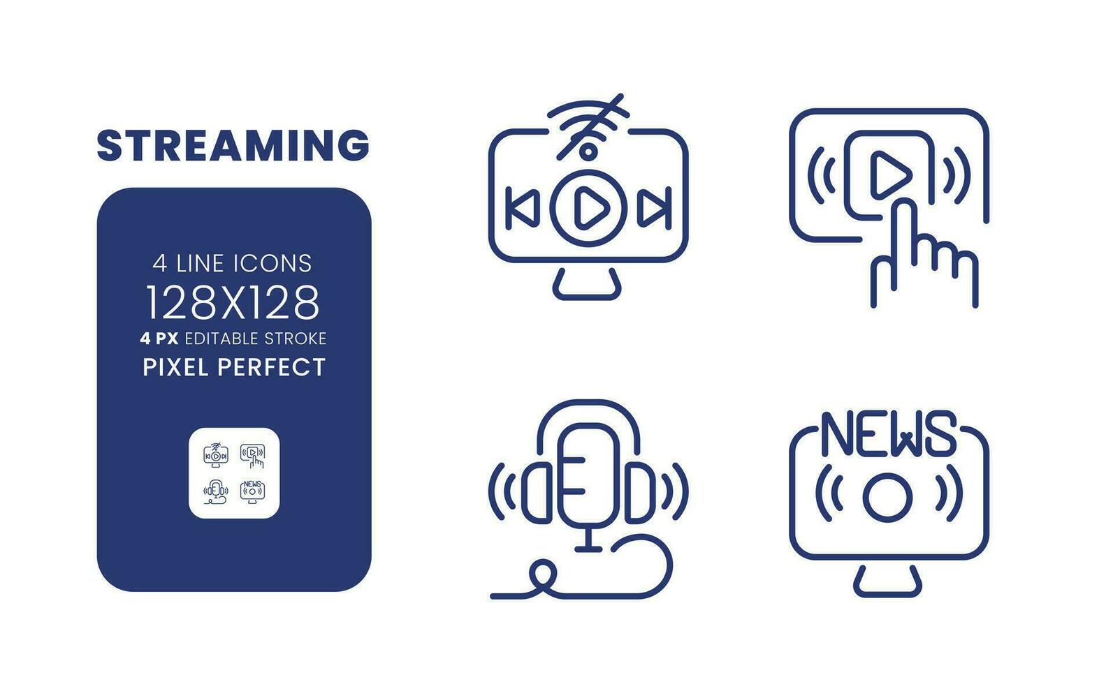 Streaming linear desktop icons set. Multimedia content. Online entertainment. News broadcast. Pixel perfect 128x128, outline 4px. Isolated user interface elements pack for website. Editable stroke vector