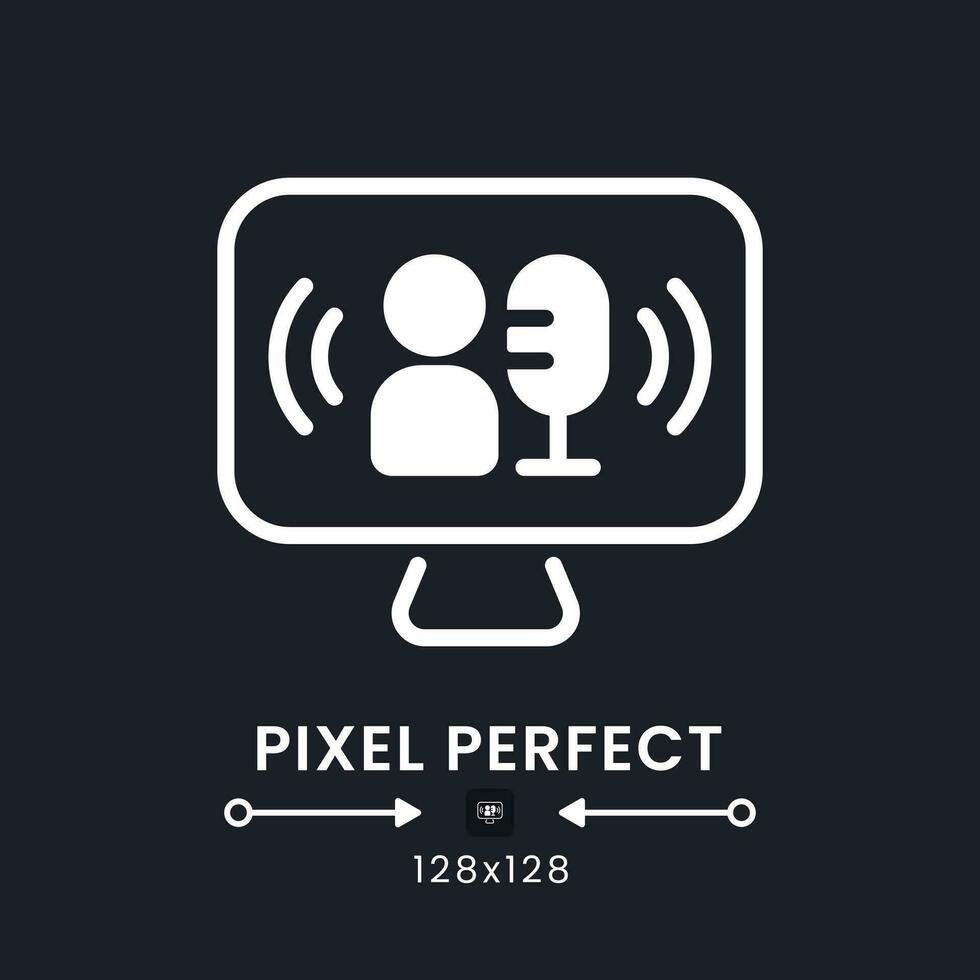 Live TV podcast white solid desktop icon. Streaming media. Talk show. Online interview. Pixel perfect 128x128, outline 4px. Silhouette symbol for dark mode. Glyph pictogram. Vector isolated image