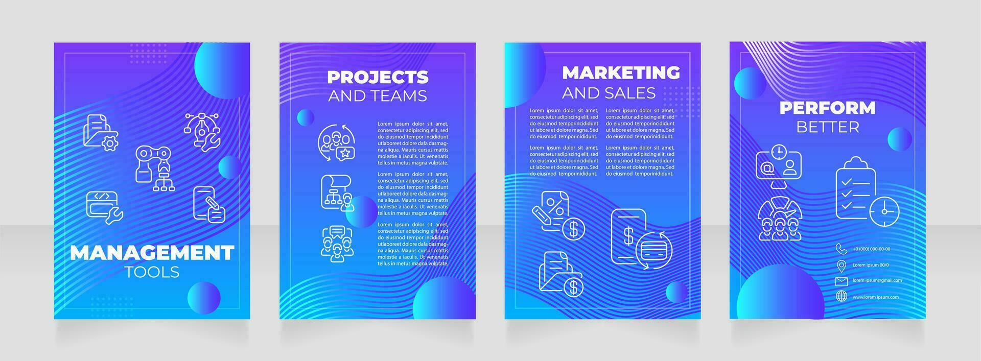 Management tools blue premade brochure template. Task manager. Online project. Business development booklet design with icons, copy space. Editable 4 layouts vector