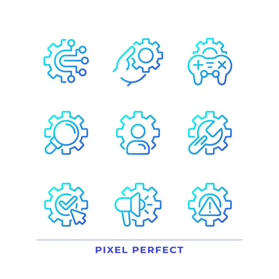Gears pixel perfect gradient linear vector icons set. Account personalization. Digital system settings. Thin line contour symbol designs bundle. Isolated outline illustrations collection