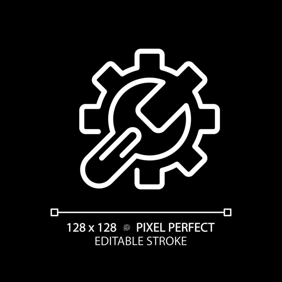 Setup pixel perfect white linear icon for dark theme. System settings. Troubleshooting service. Automated process. Thin line illustration. Isolated symbol for night mode. Editable stroke vector