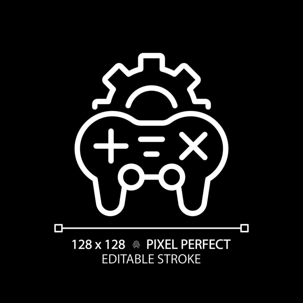 Game settings pixel perfect white linear icon for dark theme. Videogame adjustment menu. Controller. Gameplay optimization. Thin line illustration. Isolated symbol for night mode. Editable stroke vector