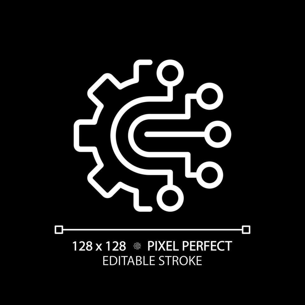 AIOps pixel perfect white linear icon for dark theme. Artificial intelligence for it operations. Automated process. Thin line illustration. Isolated symbol for night mode. Editable stroke vector