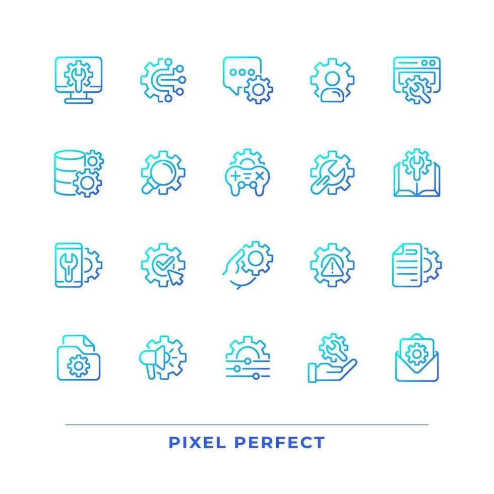 Setup and settings pixel perfect gradient linear vector icons set. Computer configuration. Save changes. Thin line contour symbol designs bundle. Isolated outline illustrations collection