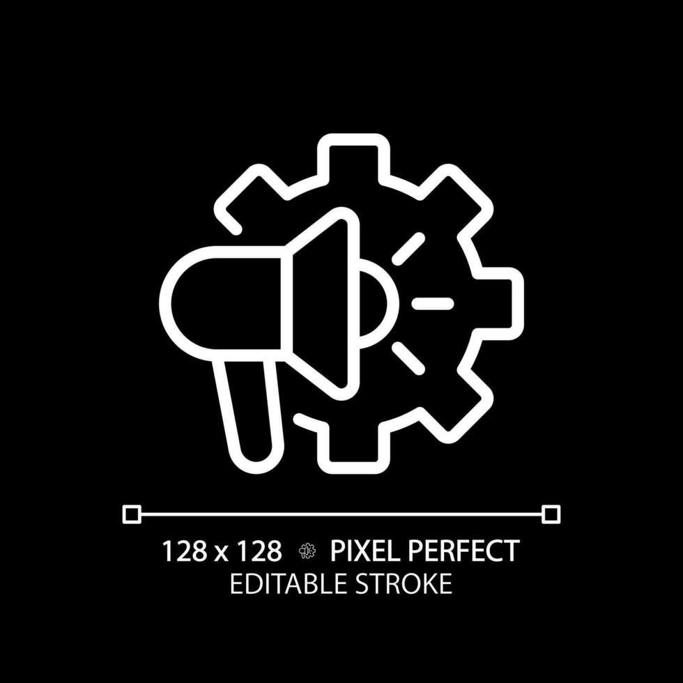 Ad settings pixel perfect white linear icon for dark theme. Search engine optimization. SEO tools. Marketing, promotion. Thin line illustration. Isolated symbol for night mode. Editable stroke vector