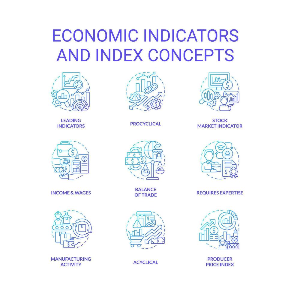 Economic indicators and index blue gradient concept icons set. Business data analytics idea thin line color illustrations. Isolated symbols. Editable stroke vector