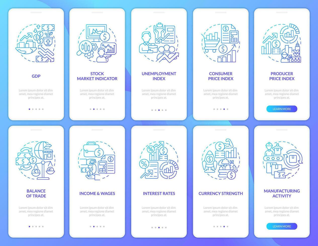 Economic indicators examples blue gradient onboarding mobile app screens set. Walkthrough 5 steps graphic instructions with linear concepts. UI, UX, GUI template vector
