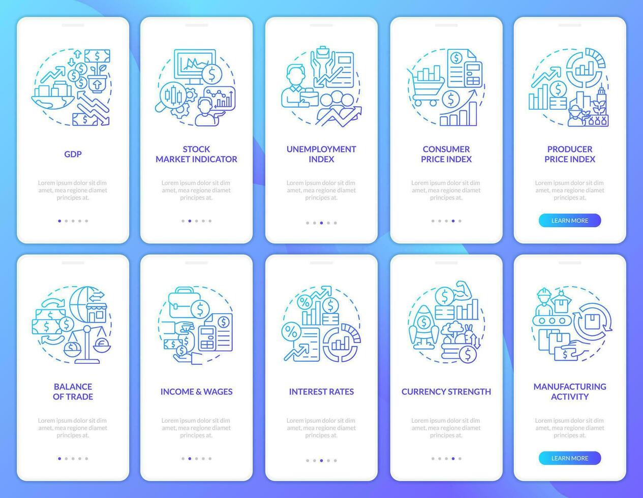 económico indicadores ejemplos azul degradado inducción móvil aplicación pantallas colocar. recorrido 5 5 pasos gráfico instrucciones con lineal conceptos. ui, ux, gui modelo vector