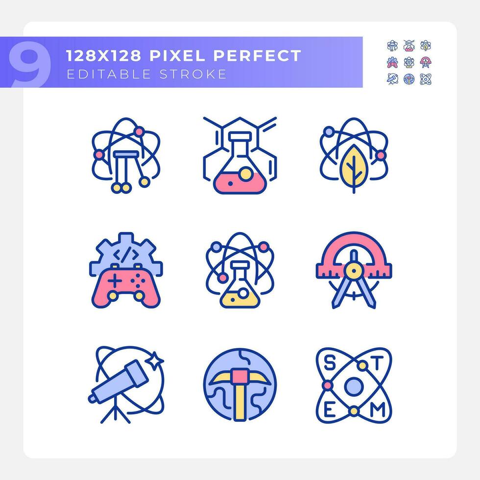 Opportunities of STEM education pixel perfect RGB color icons set. Innovative scientific methods. Computing. Isolated vector illustrations. Simple filled line drawings collection. Editable stroke