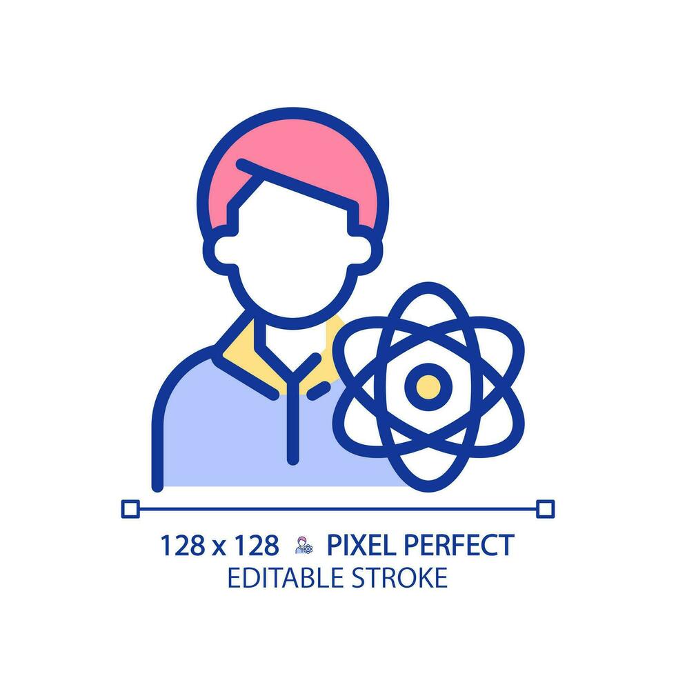 STEM teacher pixel perfect RGB color icon. Education specialist job. Tutor for students using modern technology. Isolated vector illustration. Simple filled line drawing. Editable stroke