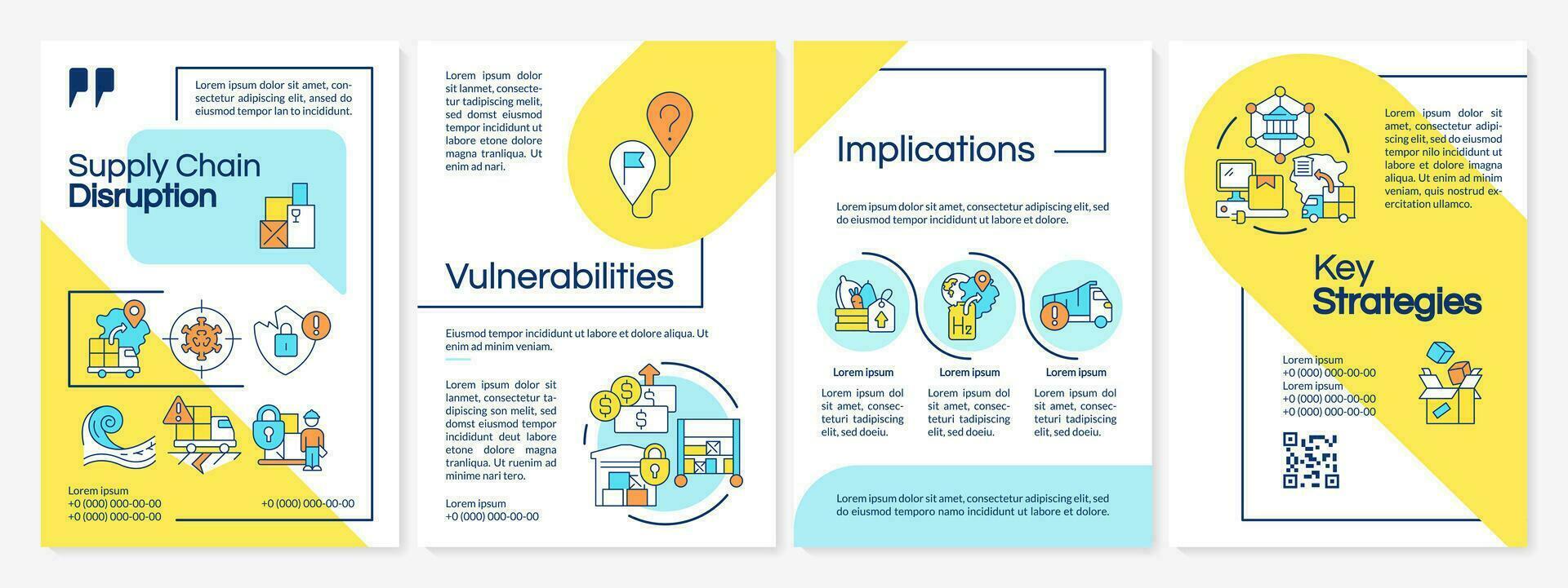 Supply chain disruption blue and yellow brochure template. Leaflet design with linear icons. Editable 4 vector layouts for presentation, annual reports