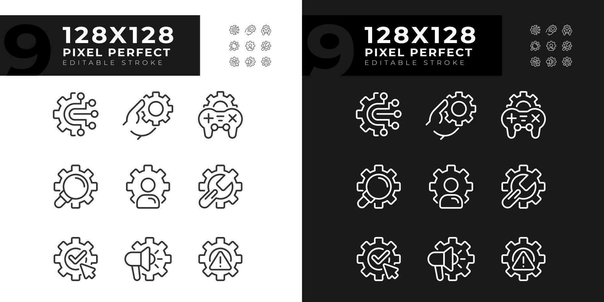 Gears pixel perfect linear icons set for dark, light mode. Account personalization. Digital system settings. Thin line symbols for night, day theme. Isolated illustrations. Editable stroke vector